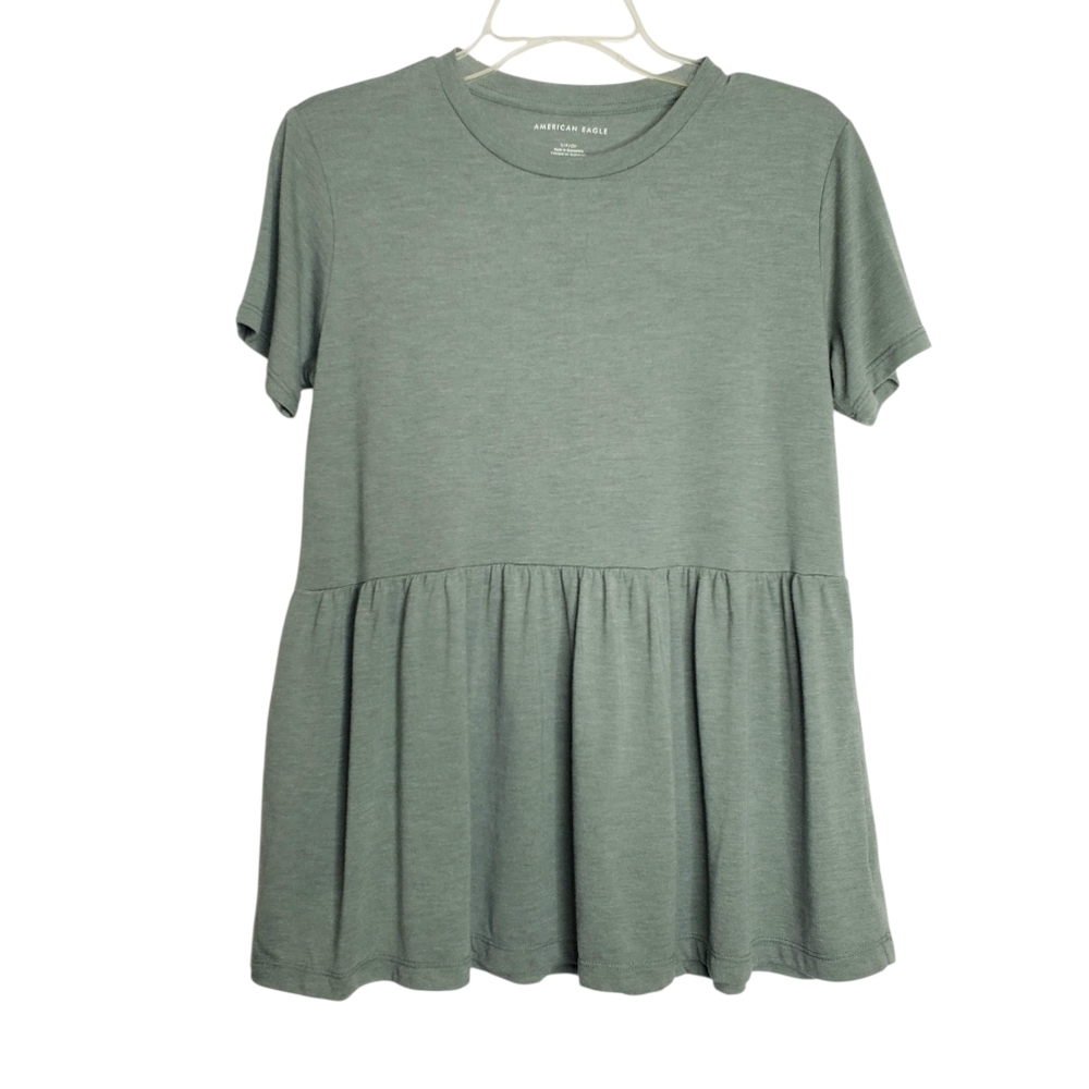 American Eagle Green Short Sleeve Peplum Top Boho Style Tee Women's Size Small